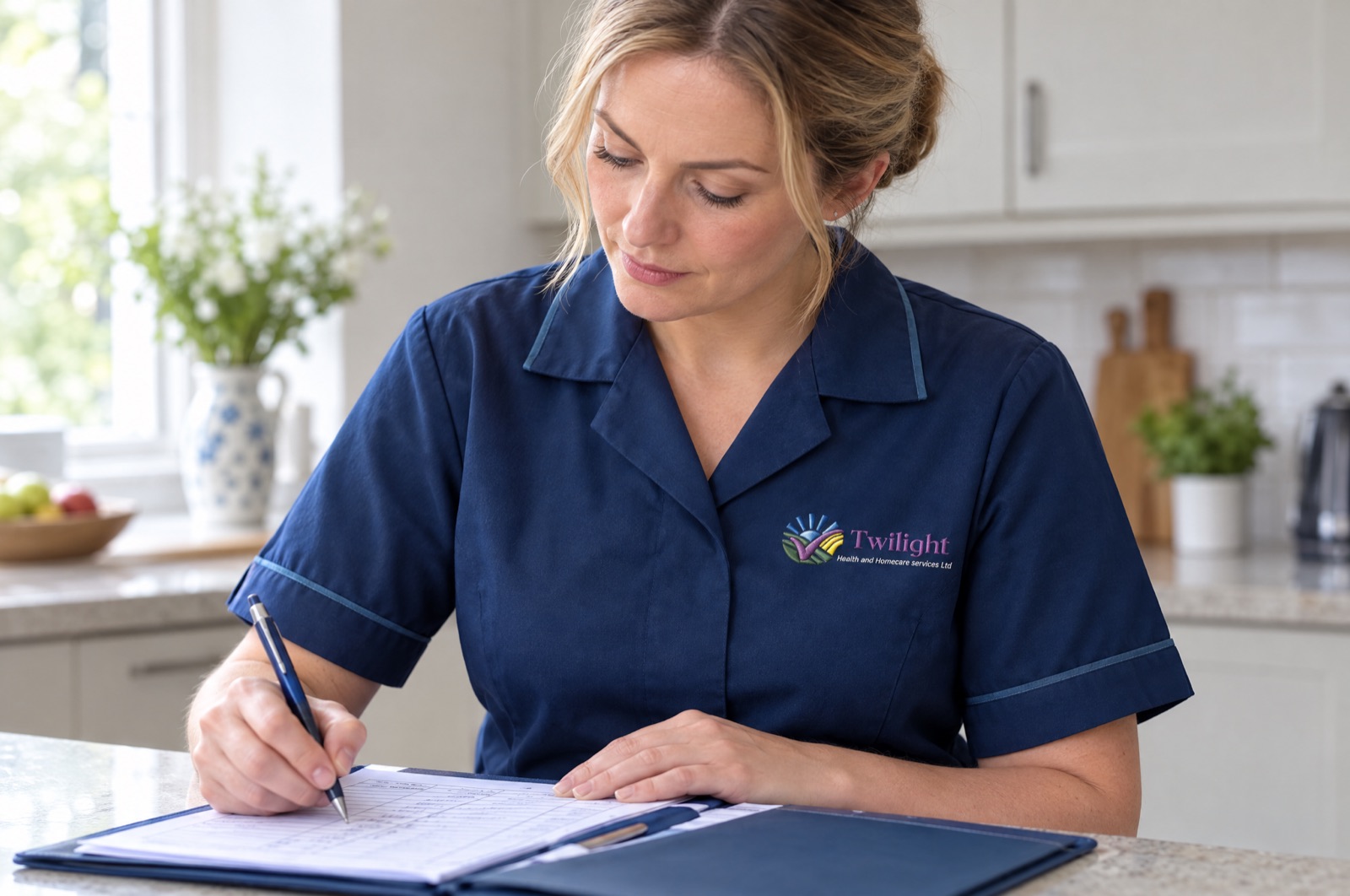 European heritage Twilight carer in a twilight-blue uniform recording medication details during a home visit