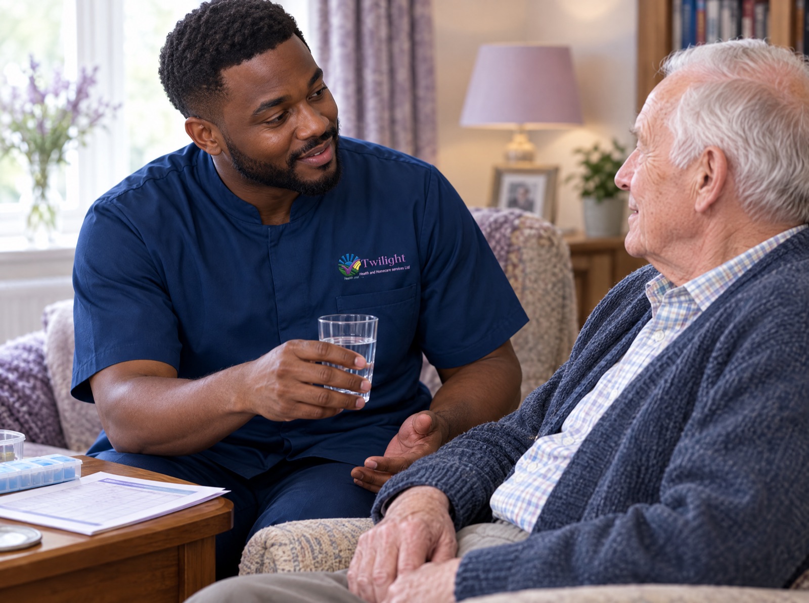 African heritage Twilight carer in a twilight-blue uniform supporting an elderly man with medication at home