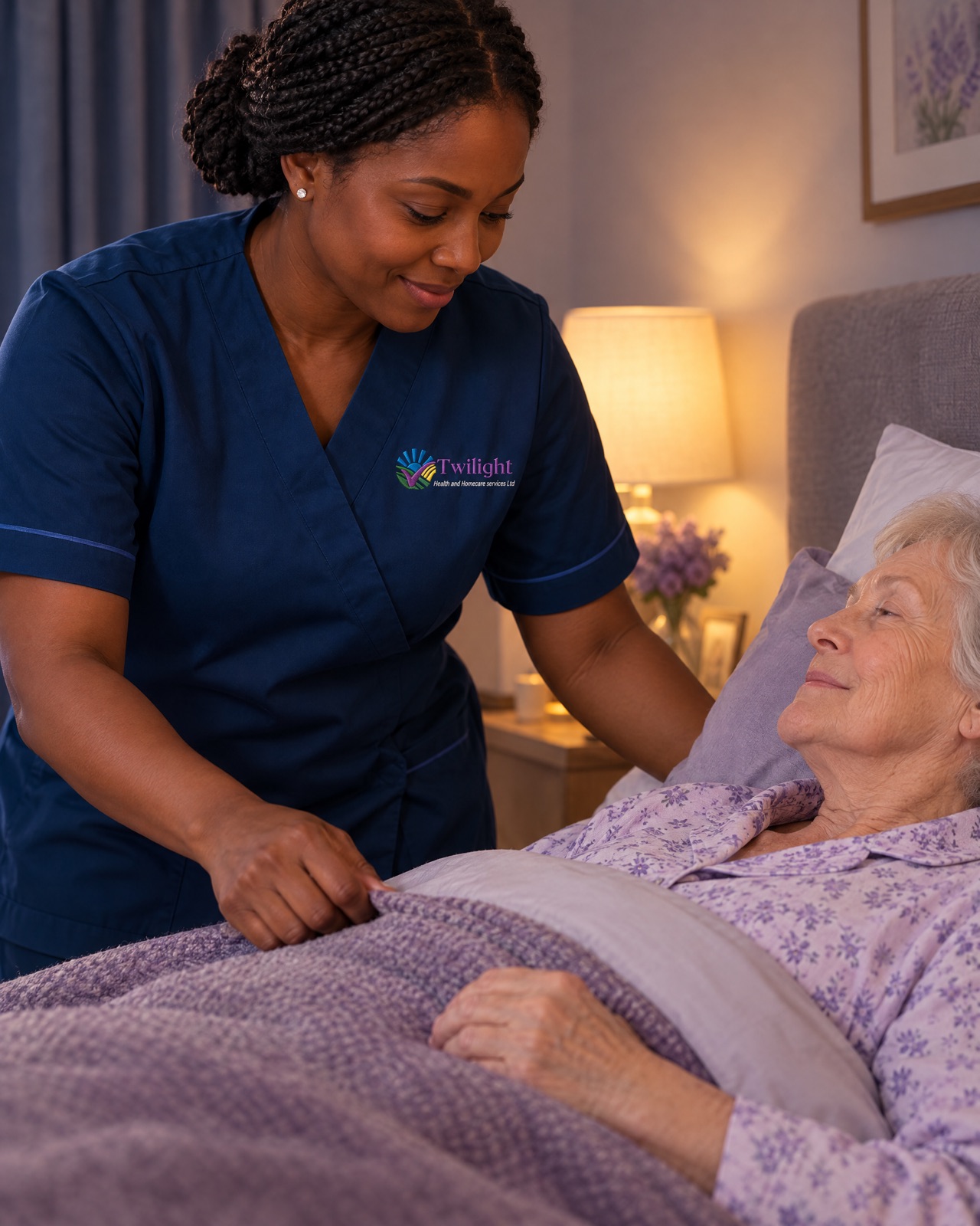 African heritage Twilight carer in a twilight-blue uniform settling an elderly woman into bed at night in Coventry