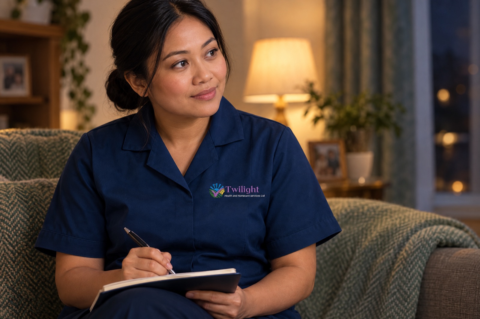 Asian heritage Twilight carer in a twilight-blue uniform keeping a watchful presence during a waking night at home