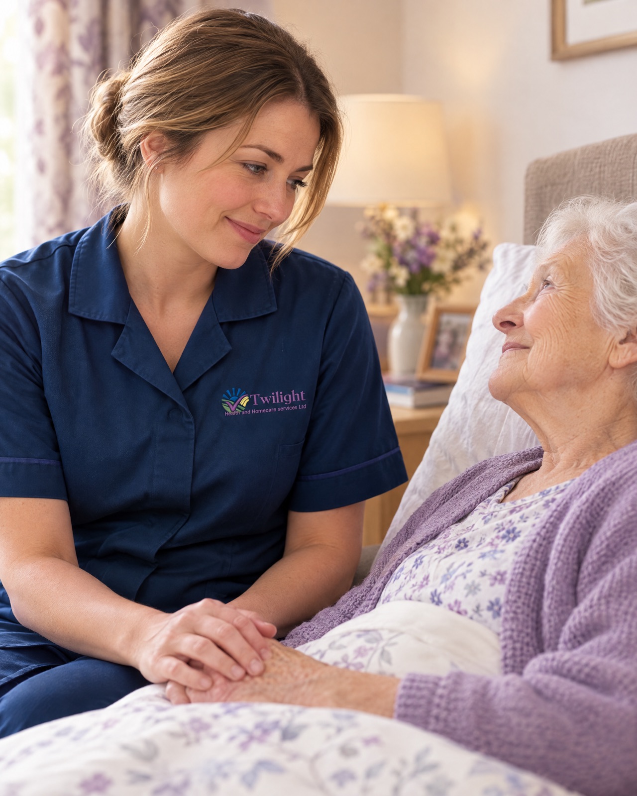 European heritage Twilight carer in a twilight-blue uniform gently holding the hand of an elderly woman receiving palliative care at home
