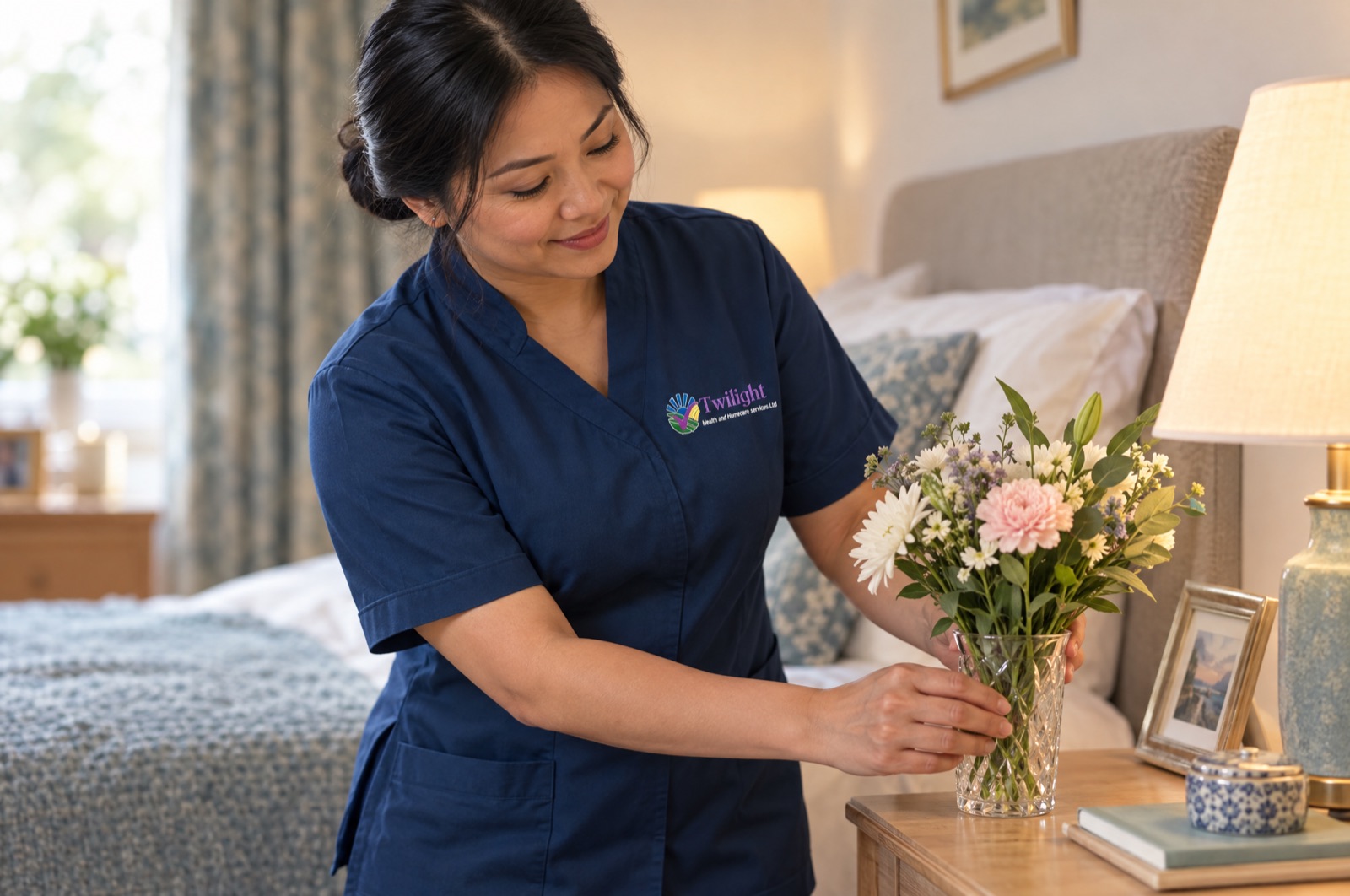 Asian heritage Twilight carer in a twilight-blue uniform arranging flowers to keep a loved one comfortable during palliative care