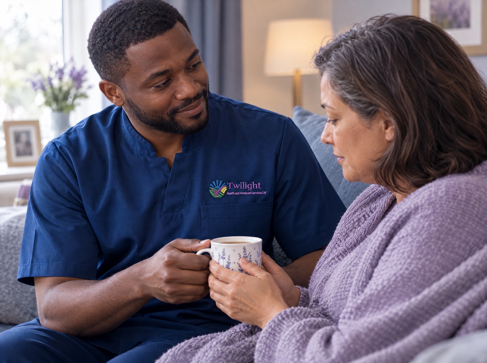 African heritage Twilight carer in a twilight-blue uniform comforting a family member during palliative care at home