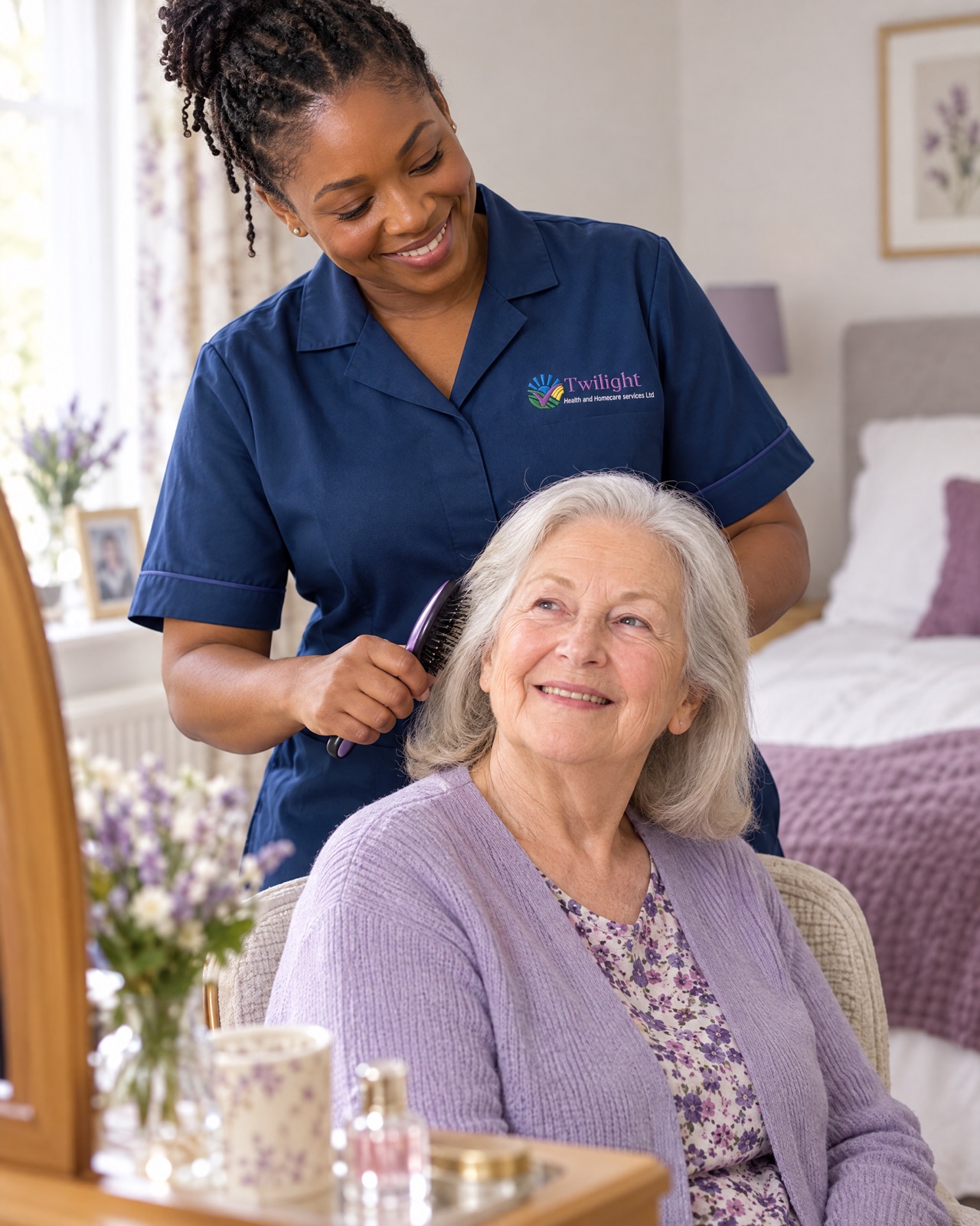 African heritage Twilight carer in a twilight-blue uniform helping an elderly woman with grooming at home in Coventry