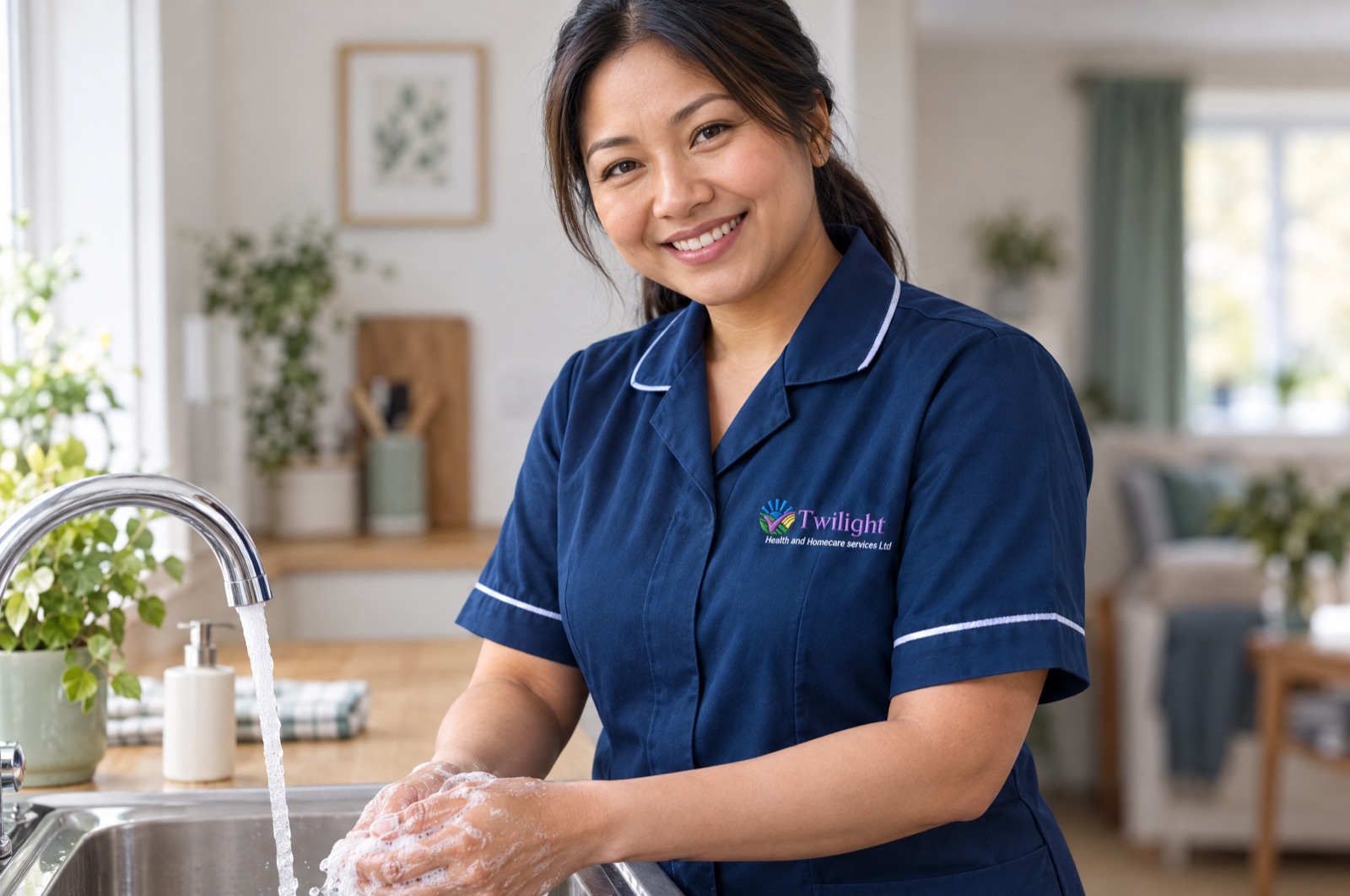 Asian heritage Twilight carer in a twilight-blue uniform washing hands before providing personal care at home