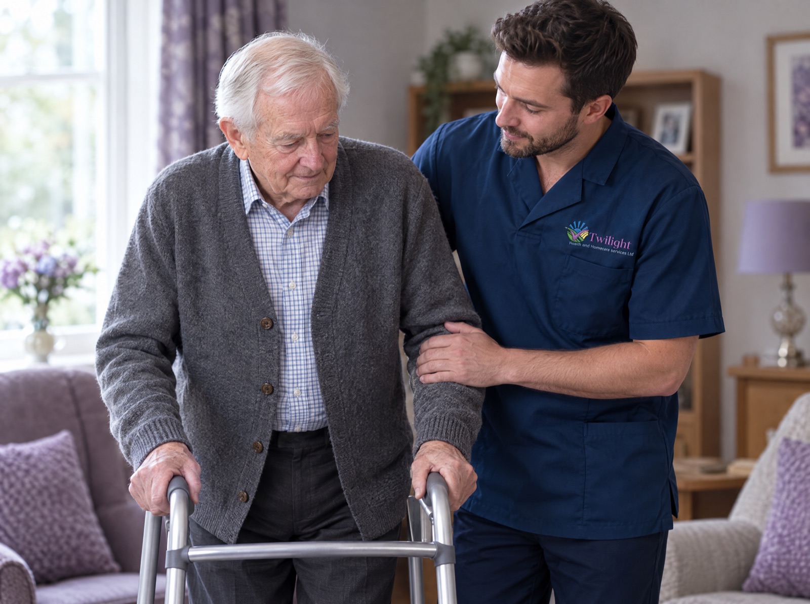 European heritage Twilight carer in a twilight-blue uniform supporting an elderly man with mobility at home