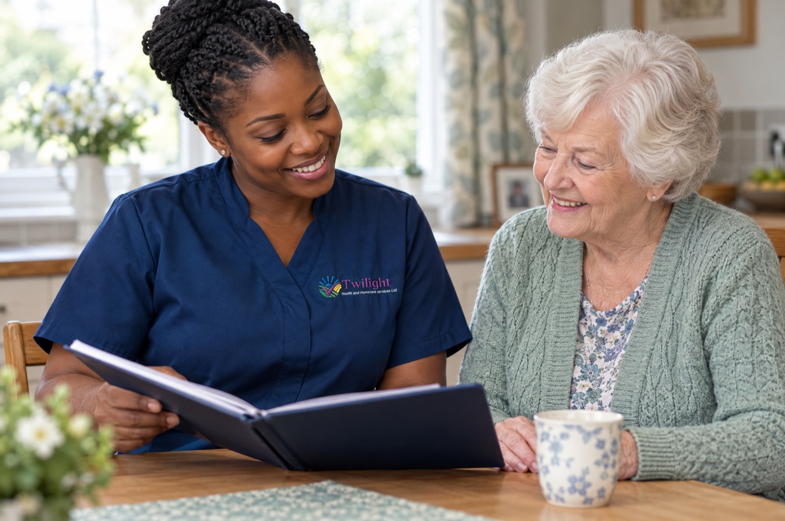 African heritage Twilight carer in a twilight-blue uniform following a care routine with an elderly woman during respite care