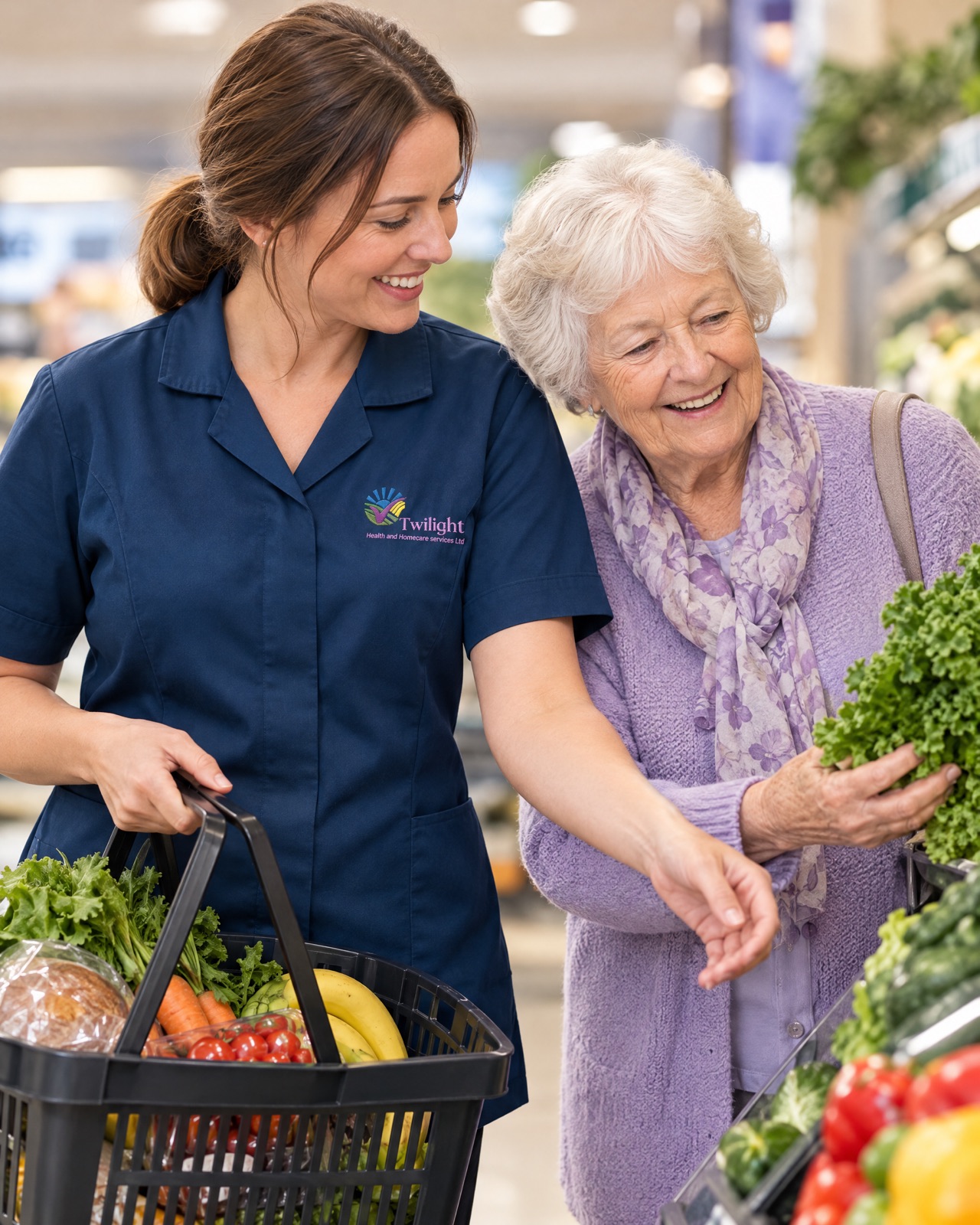 European heritage Twilight carer in a twilight-blue uniform helping an elderly woman with the food shopping in Coventry