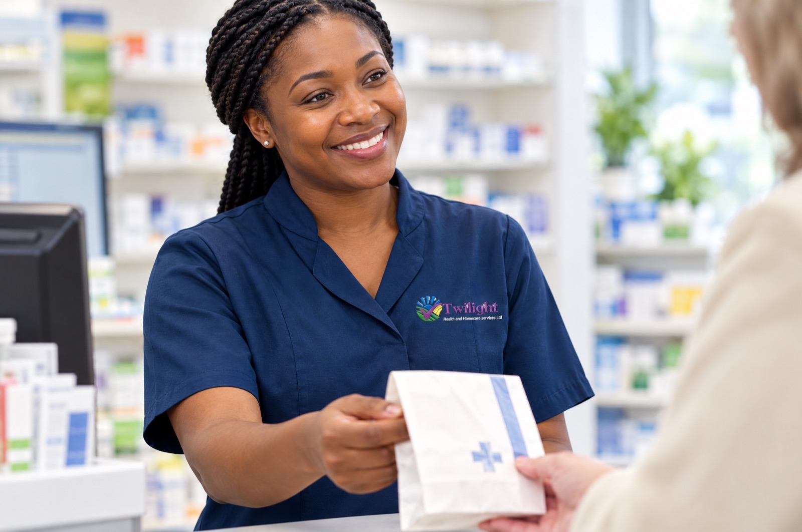 African heritage Twilight carer in a twilight-blue uniform collecting a prescription at a Coventry pharmacy