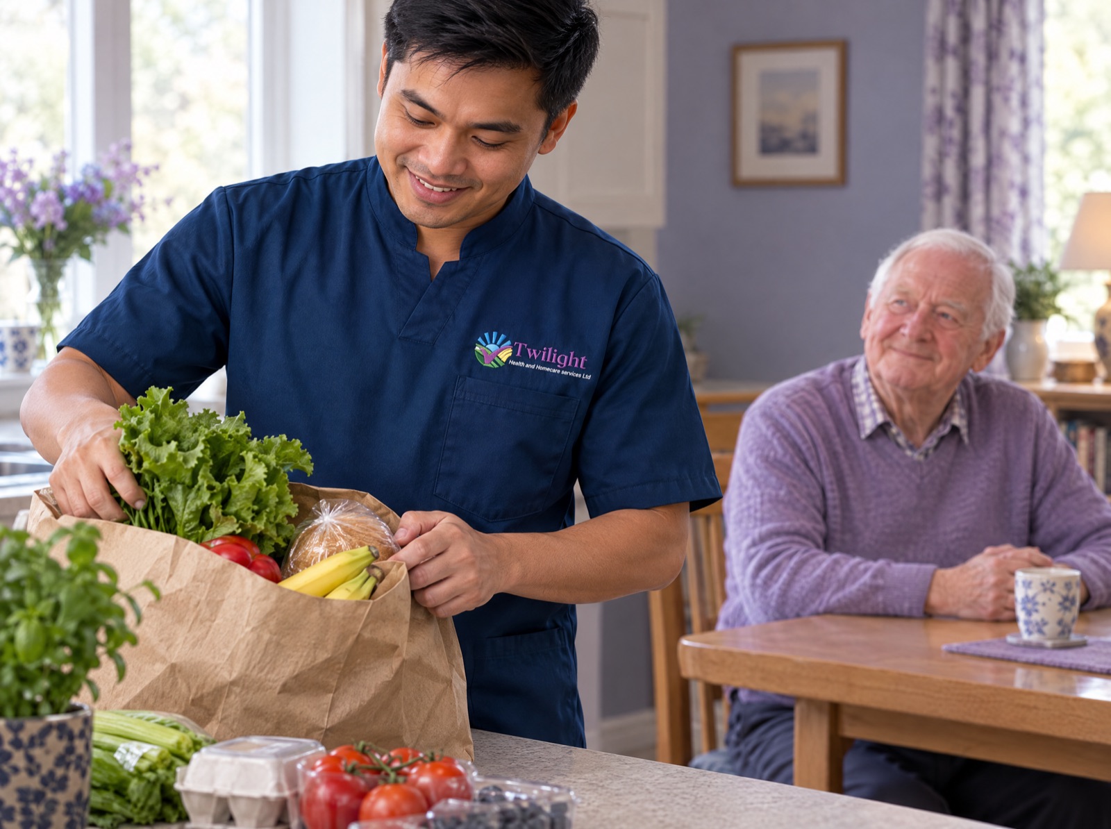 Asian heritage Twilight carer in a twilight-blue uniform putting away groceries for an elderly man at home