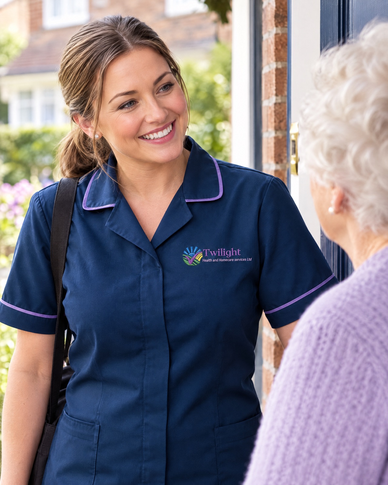 European heritage Twilight carer in a twilight-blue uniform arriving for a visiting care call at a Coventry home