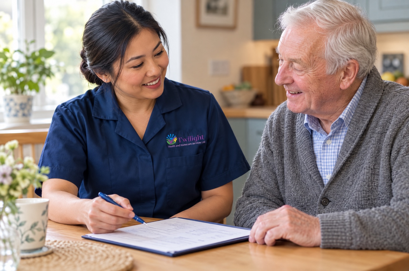 Asian heritage Twilight carer in a twilight-blue uniform discussing a tailored visiting care plan with an elderly man