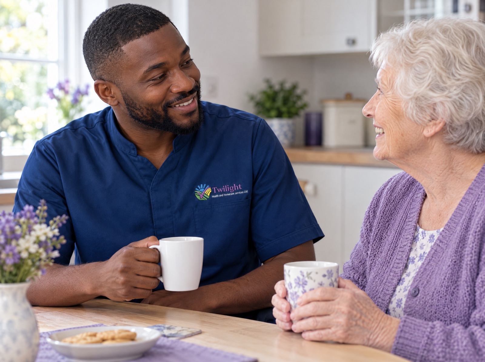 African heritage Twilight carer in a twilight-blue uniform supporting an elderly woman during a morning care visit
