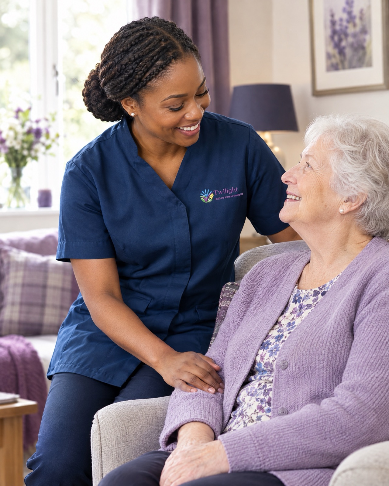 African heritage home carer in a twilight-blue Twilight uniform supporting an elderly woman at home in Coventry