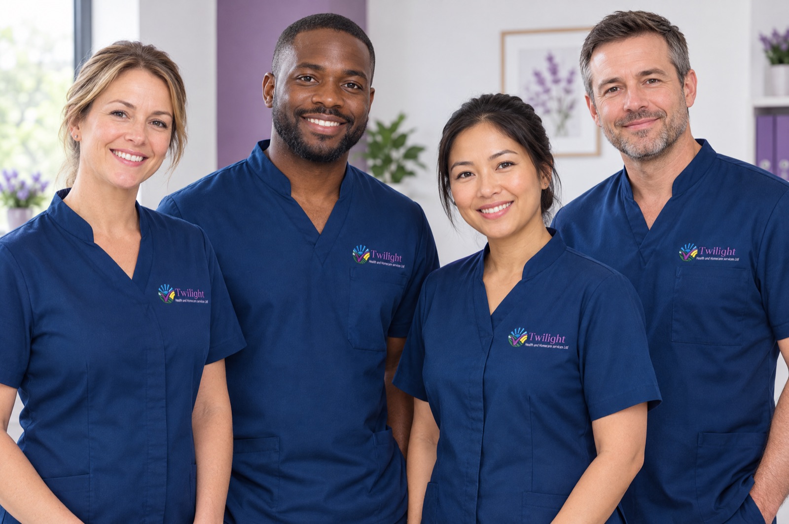 Diverse Twilight Health and Homecare team in matching twilight-blue uniforms at their Coventry office