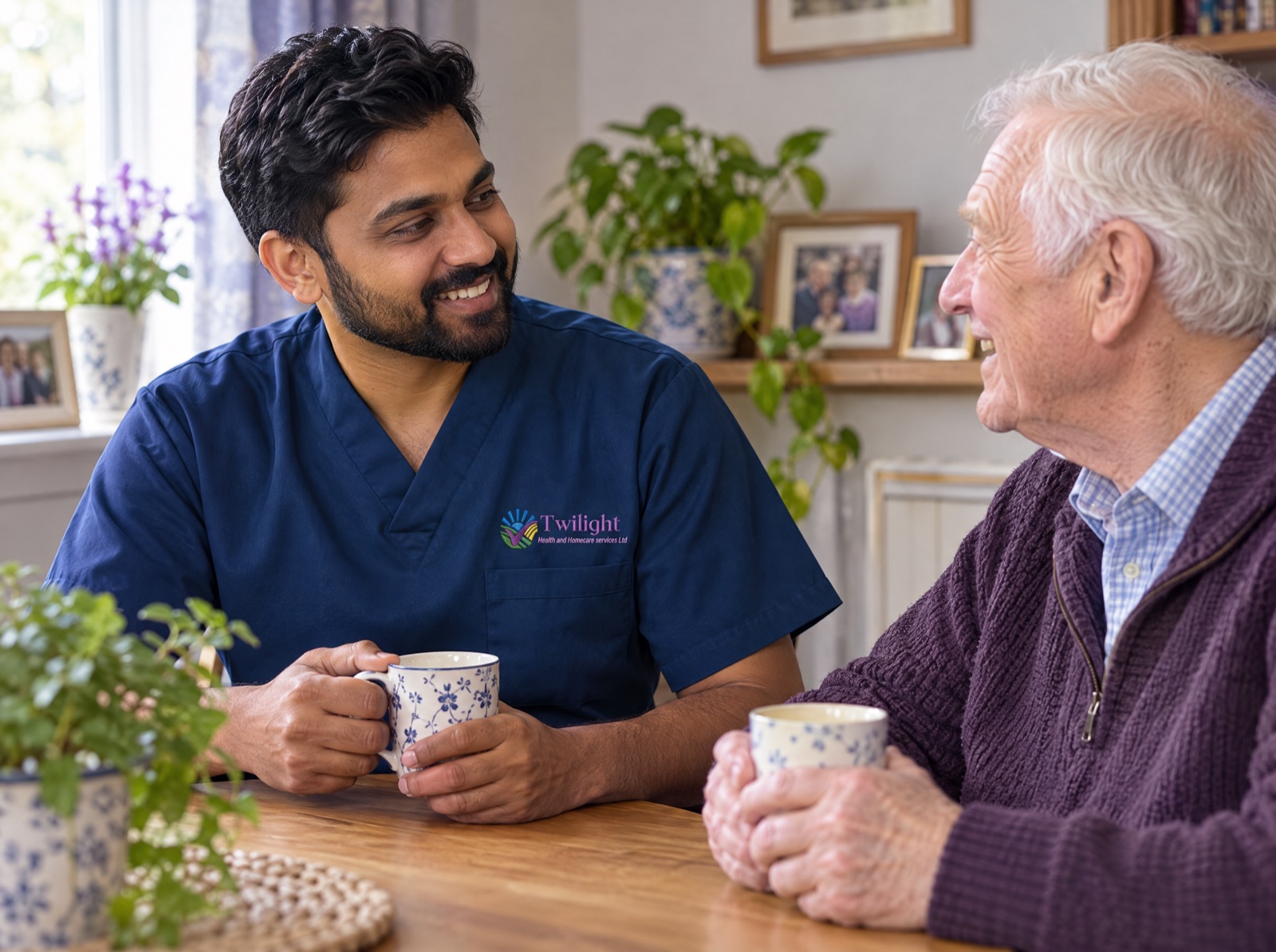 South Asian home carer in a twilight-blue Twilight uniform chatting over tea with an elderly man in his Coventry home