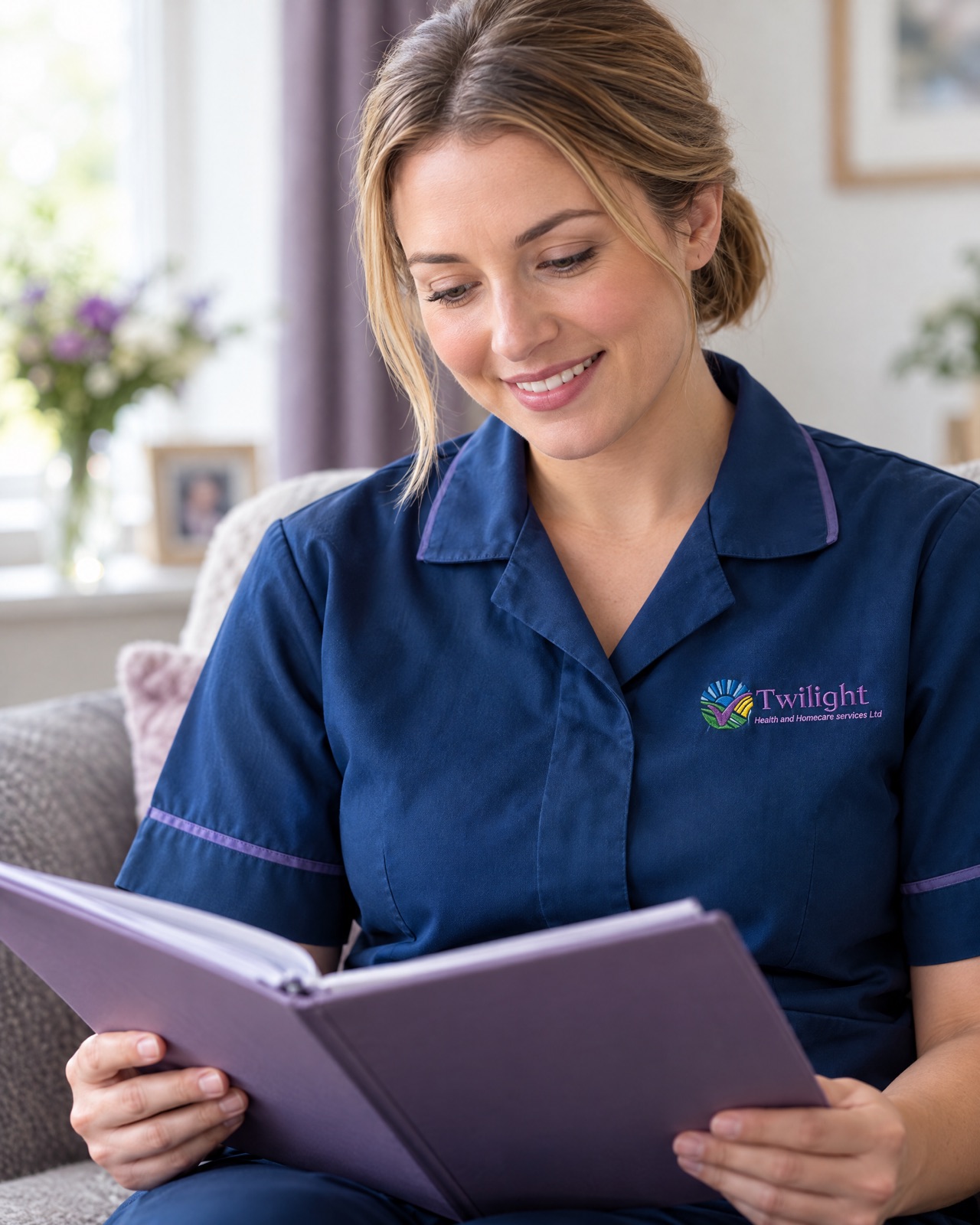Twilight carer in a twilight-blue uniform representing safe, high-quality home care in Coventry
